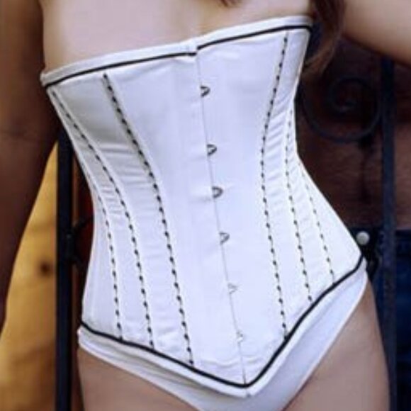 White Satin Black Trimmed Corset Set - NEW - Picture 1 of 6
